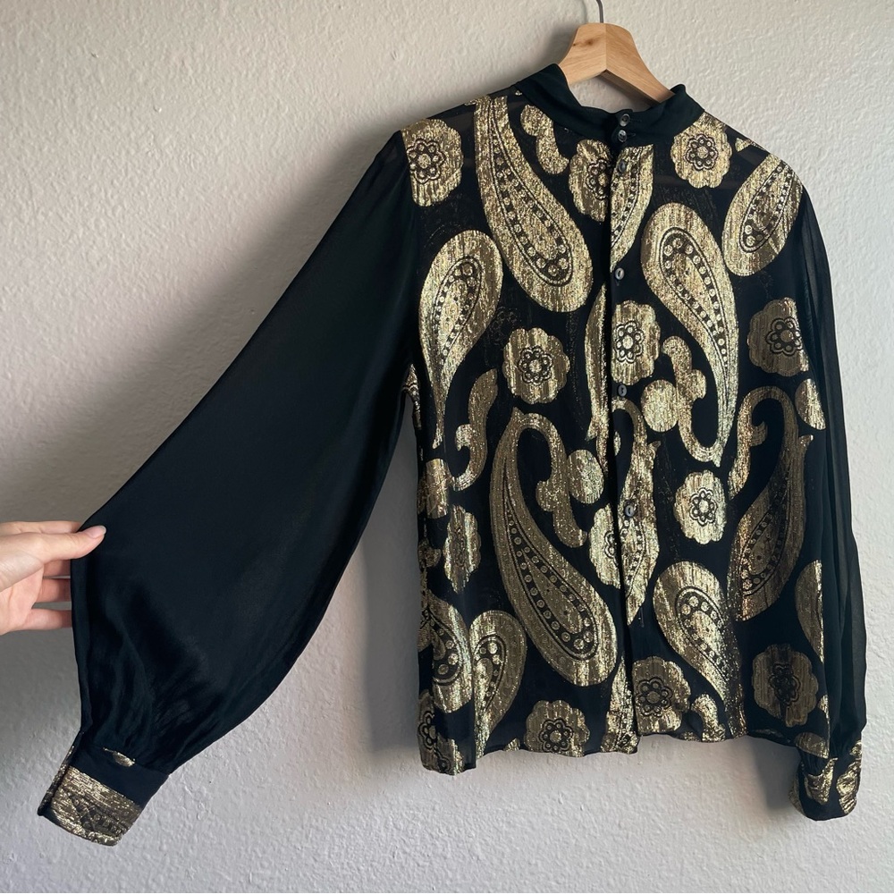Vintage 1970s Silk Brocade Black & Gold Paisley Blouse
